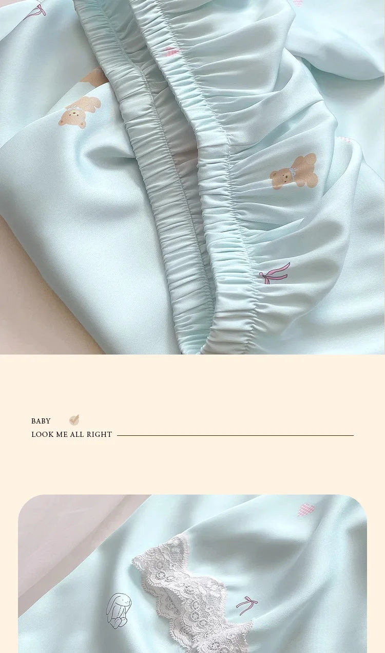 Bear Print Pajamas Women Cool Ice Silk Short Sleeve Pants Loungewear Cardigan Lace Fall and Winter Two-Piece Set Plus Size