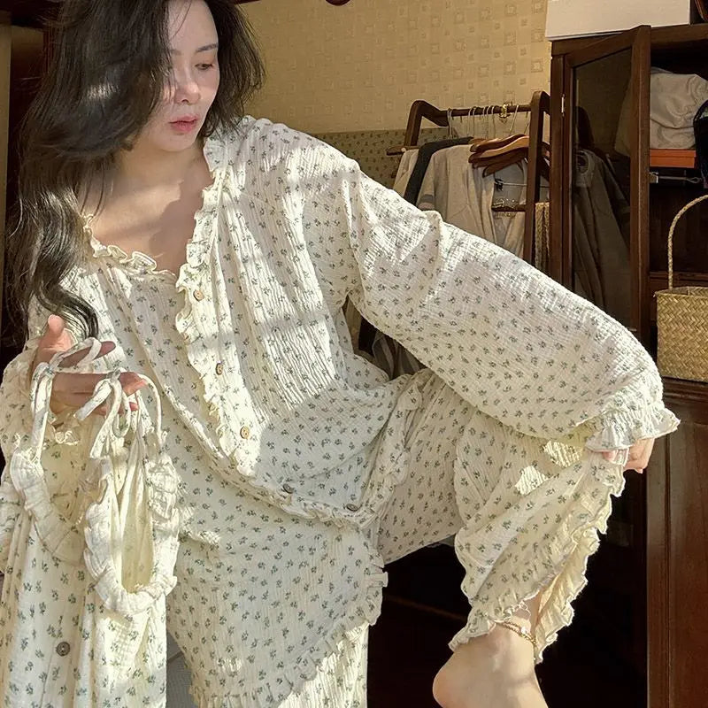 Spring Autumn Women Cotton Pajamas Sets Floral Printed 3Pcs Home Clothing Long Sleeves Spaggehtti Straps Long Pants Loungewear