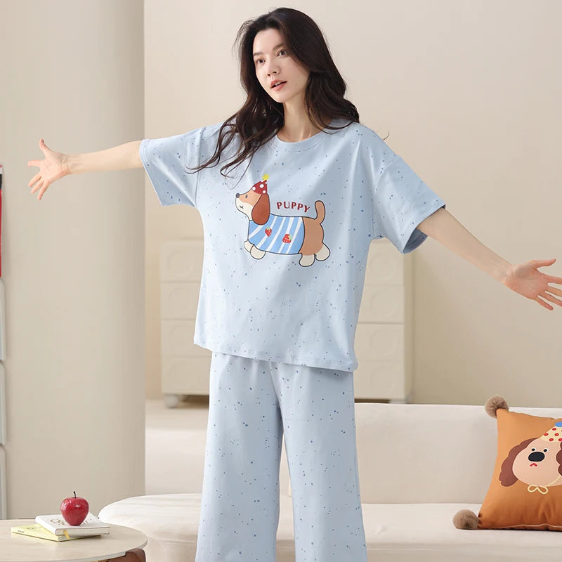 MiiOW 2Pcs Summer Women's Pajamas Set Cotton Short Sleeve Woman Homewear Cute Pink Patchwork Print Girls Pajamas Woman Sleepwear