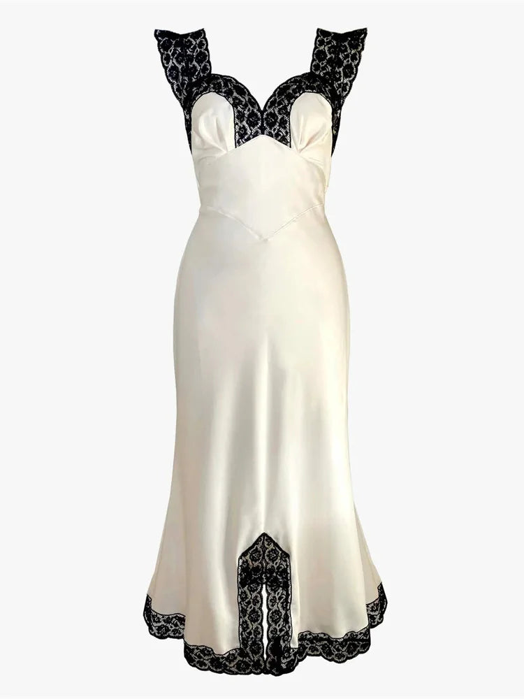 Tossy Fashion Satin Lace Long Dress Women V-Neck Patchwork Hollow Out Sleeveless Lace-Up Dress Evening Female Autumn Maxi Dress