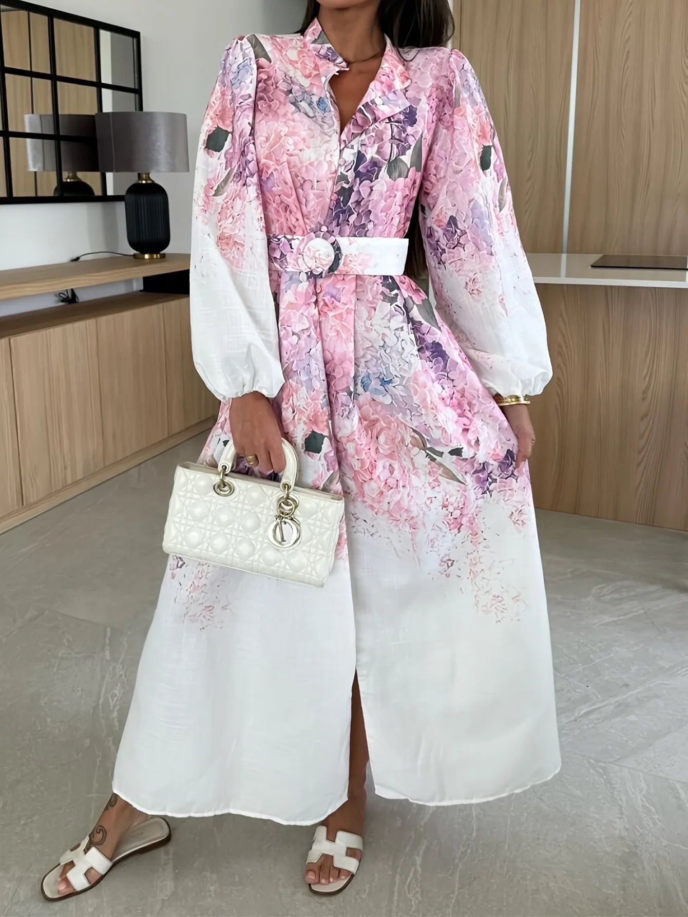 Floral Print Maxi Dress Notched Lapel Collar Lantern Sleeve Belted Waist Split Hem Elegant Party Dresses for Woman Clothes
