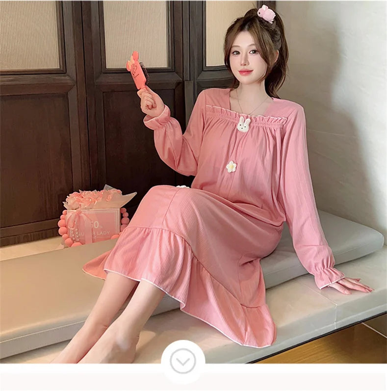Autumn Winter New Women Cotton Nightdress With Chest Pad Long Dress Sweet Loose Long Sleeve Home Wear