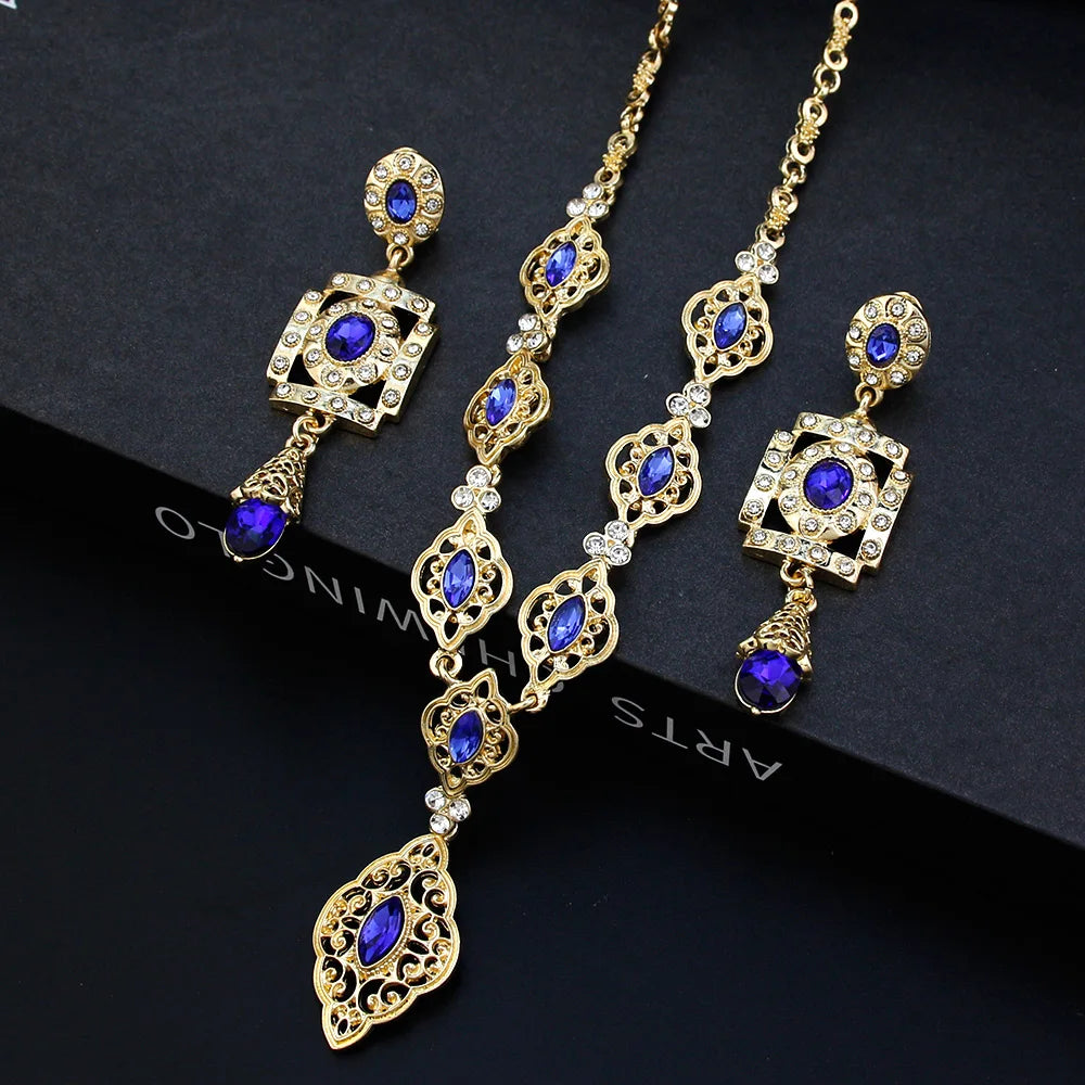 Sunspicems Moroccco Women Jewelry Set Gold Color Crystal Necklace Earring Set Algeria Wedding Jewelry Bride Drop Earring Choker