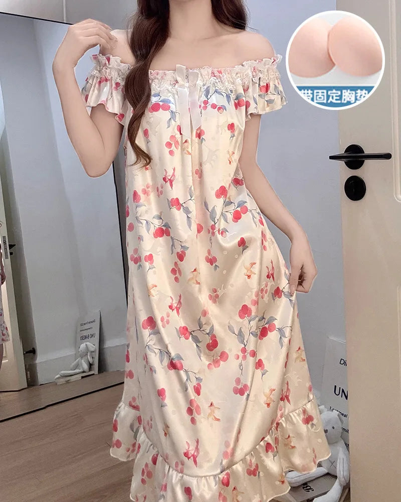 Ice Silk Satin Pajamas Women's Korean Summer Nightgown with Chest Pads Sweet Lace Ruffle Sleeved Long Dress Floral Loungewear
