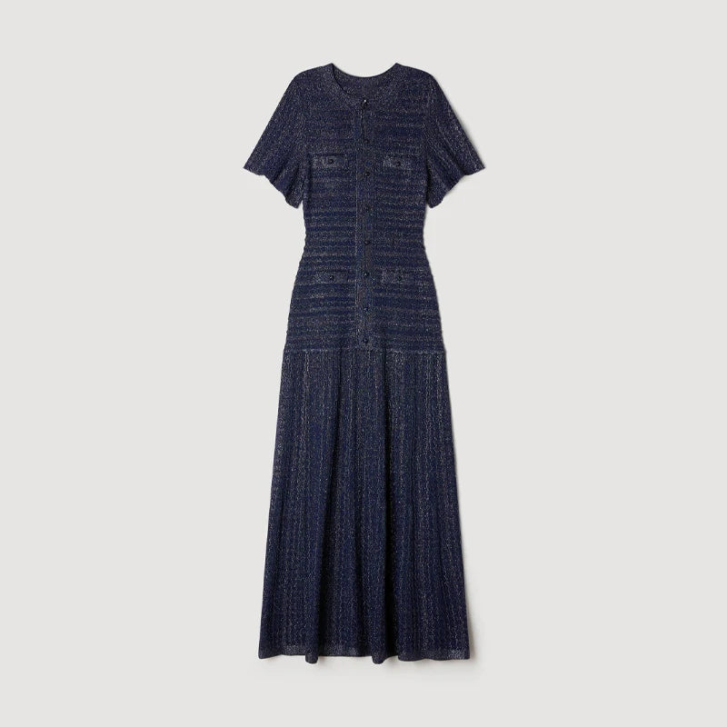 Cinched Waist Sequin Maxi Dress for Women Round Neck Short Sleeved Knitted Dresses 2026 NEW Hollow Out Single Breasted Midi Robe