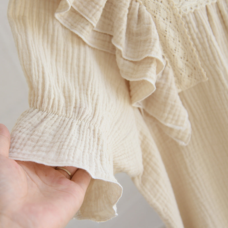 Summer New Ladies Nightdress 100% Cotton Crepe Lotus Leaf Sleeve Long Dress Palace Style Short Sleeve Nightdress Home Skirt