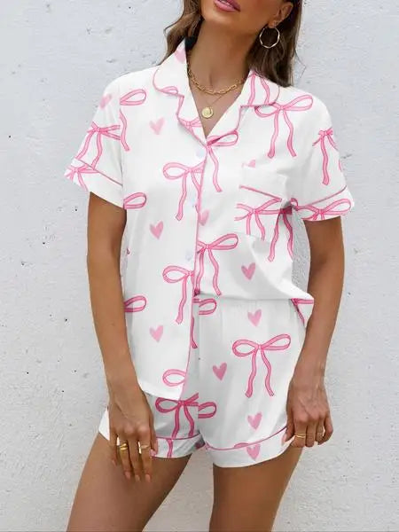 Women's Bow Print Pajama Set, Casual Shirt Collar Soft Top & Elastic Shorts, Comfortable Home Wear for All Seasons