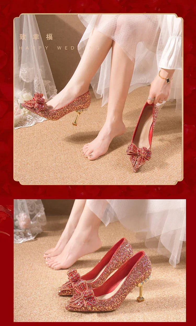 New  Women's Rhinestone Wedding Shoes Year Shoes Luxury Buckle Decorative Banquet Women's Shoes High Heels Gold Silver Red