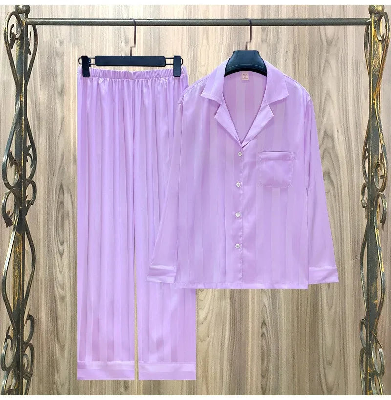 Women Striped Satin Pajama Set Autumn Cardigan Long Sleeve Pants Loose Casual Wear Fashion Classic Pink sleepcoat Two Piece Set