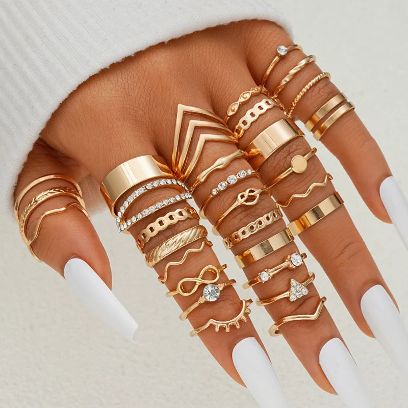 58PCS Vintage Heart Snake Butterfly Rings Set for Women Fashion Metal Gold Plated Geometric Hollow Finger Ring Jewelry Gifts New