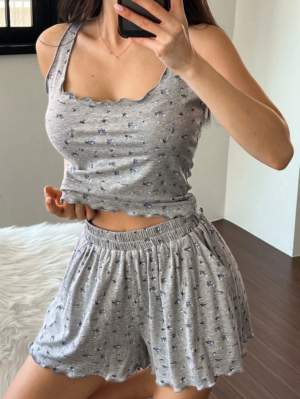 Women's Pajama Women's Vest Pajamas Casual Sweet Floral Pants Pocket Shorts Loungewear Suit Women's Pijama