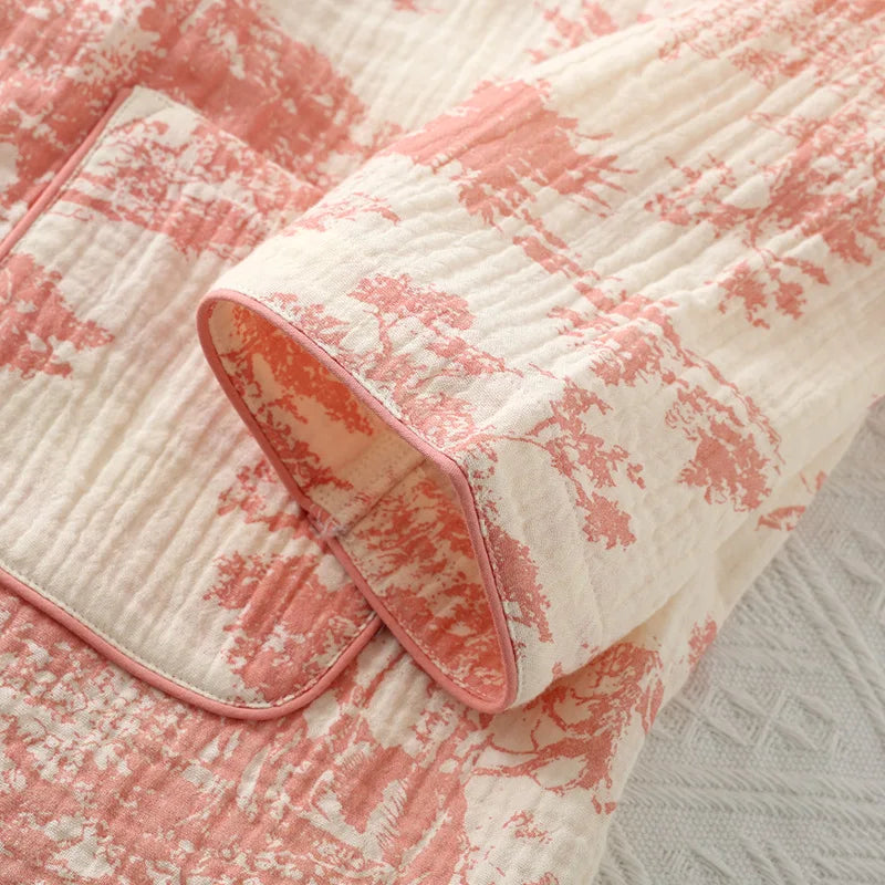 Spring /Autumn Chinese Style Pajamas for Women Cotton Gauze Lace-up Long-sleeved Pants Elegant Home Clothing Kimono Home Clothes