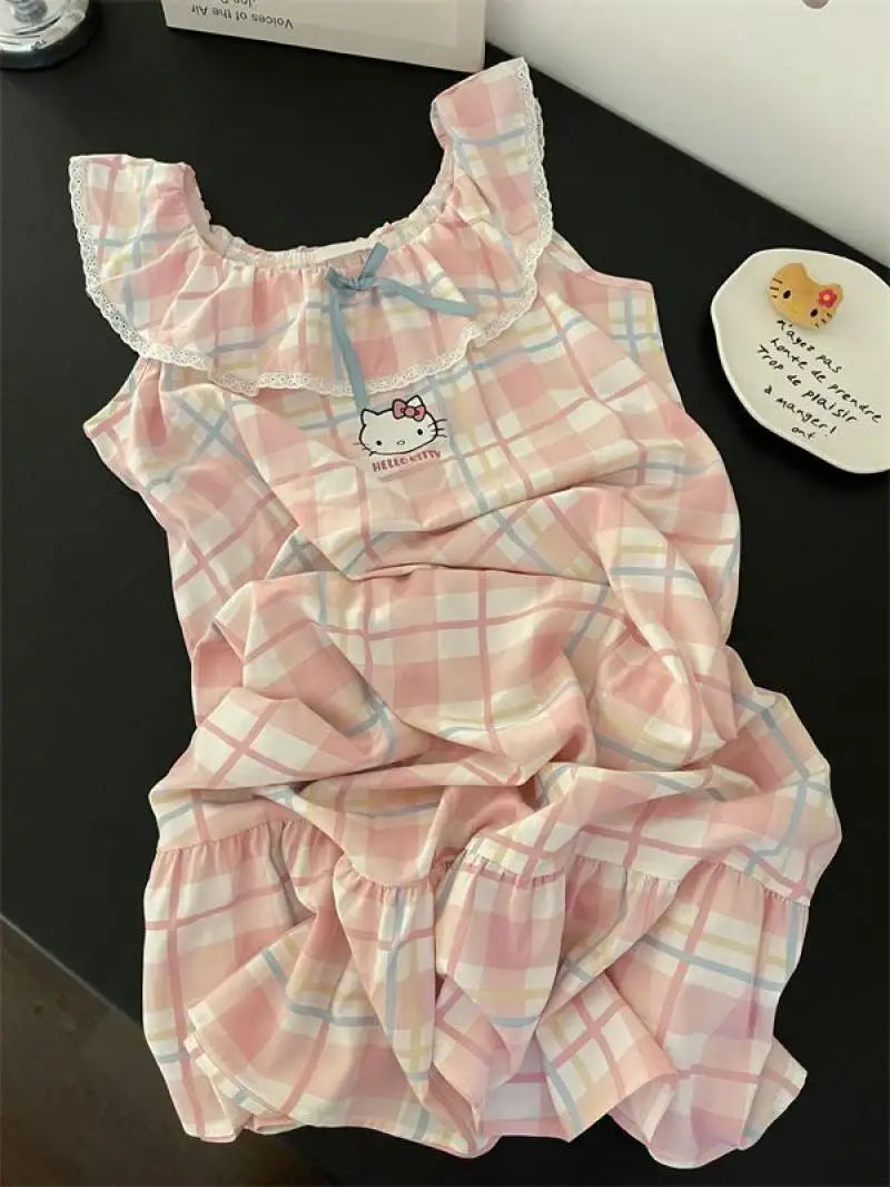Sanrios Girls Nightgown Hello Kittys Student Suspenders Loose New Style Home Clothes Simple Printed Skirt Creative Hot Selling
