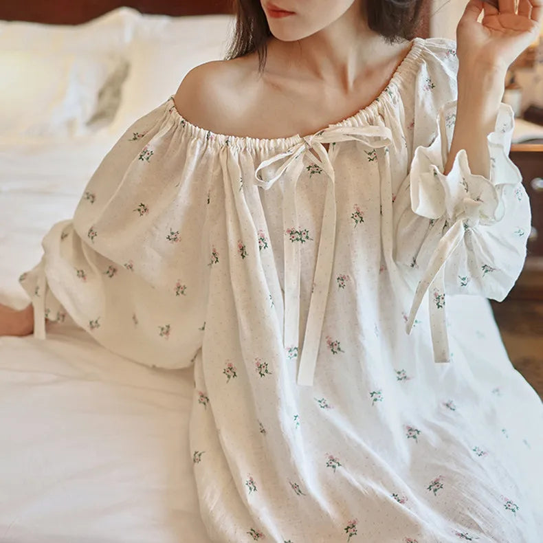 Women Sweet Printed Full Sleeves Nightdress French Sexy Loose Long Mid-Calf Nightgowns 100% Cotton Comfortable Sleepwear Nightie