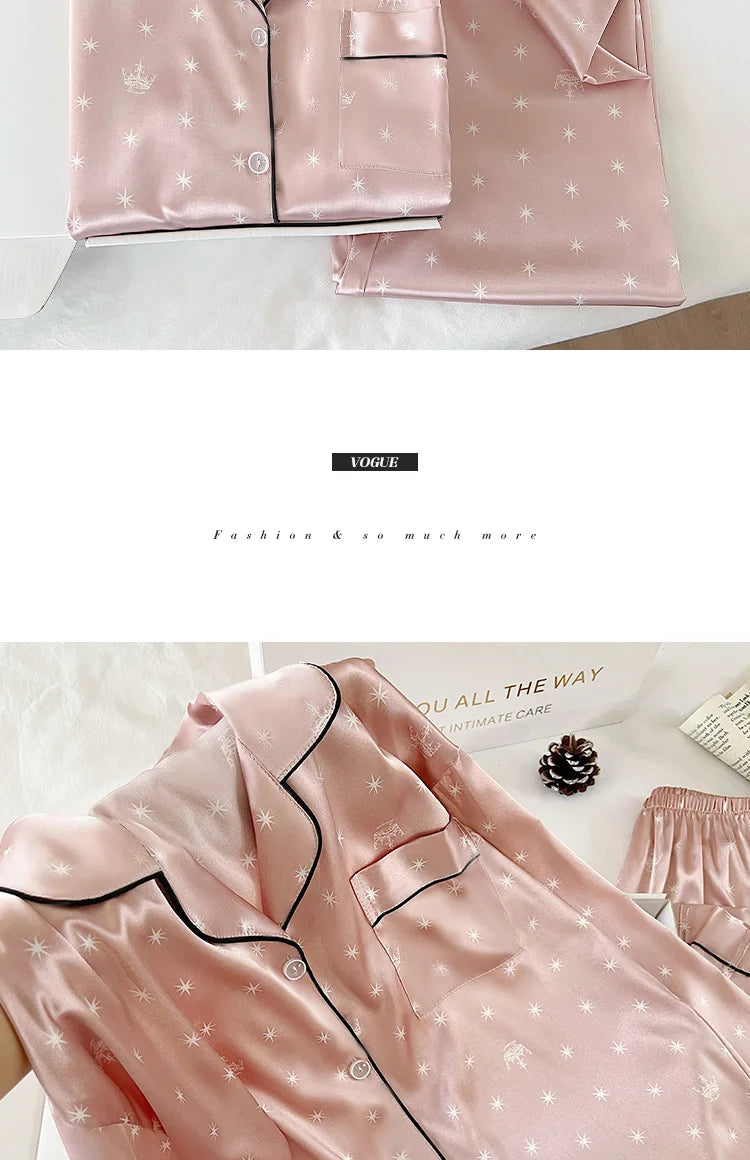 New Japanese-Style Sweet Girl Floral Print Ice Silk Pyjama Set Women's Spring/Autumn Long-Sleeved Top and Trousers Homewear Set