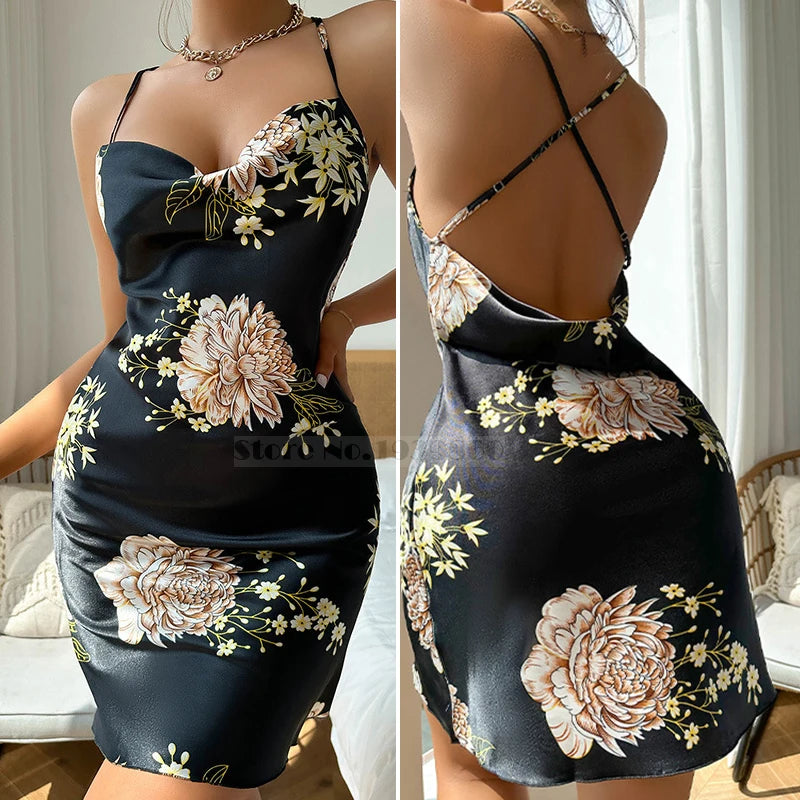 Sexy Sleeveless Nightgown Print Flower Lingerie Underwear Ice Silk Home Dress Women Chemise Sleepwear Nightshirt Nightwear