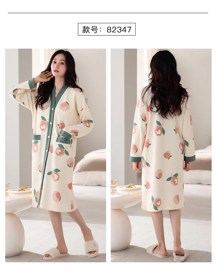 Big Size M-5XL Spring and Autumn Women Nightdress With Chest Pad Femme Knited Cotton Nightwear Floral Nightgown