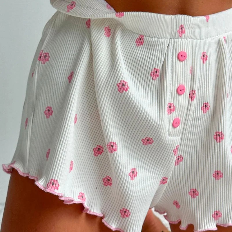 2pcs/set Cartoon Floral Print Knit Pajama Set 2026 New Ruffled Camisole Shorts for Women Comfortable Sleepwear Home Loungewear
