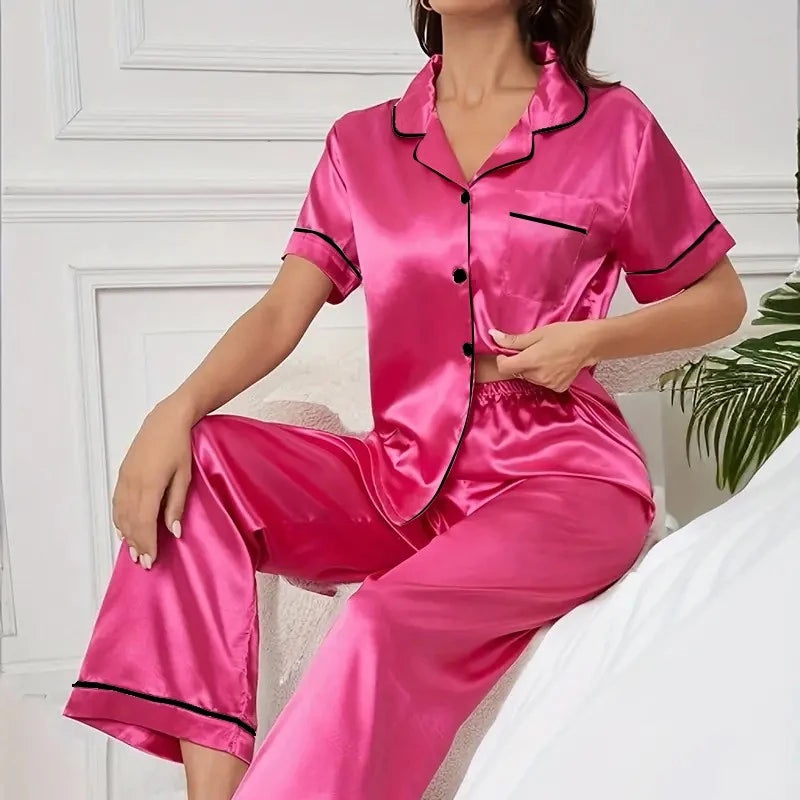Women Pajamas Sets Spring Short Sleeve Satin Button-Down Top with Pants 2 Piece Pajama Set Sleepwear Pj Set Homewear Loungewear