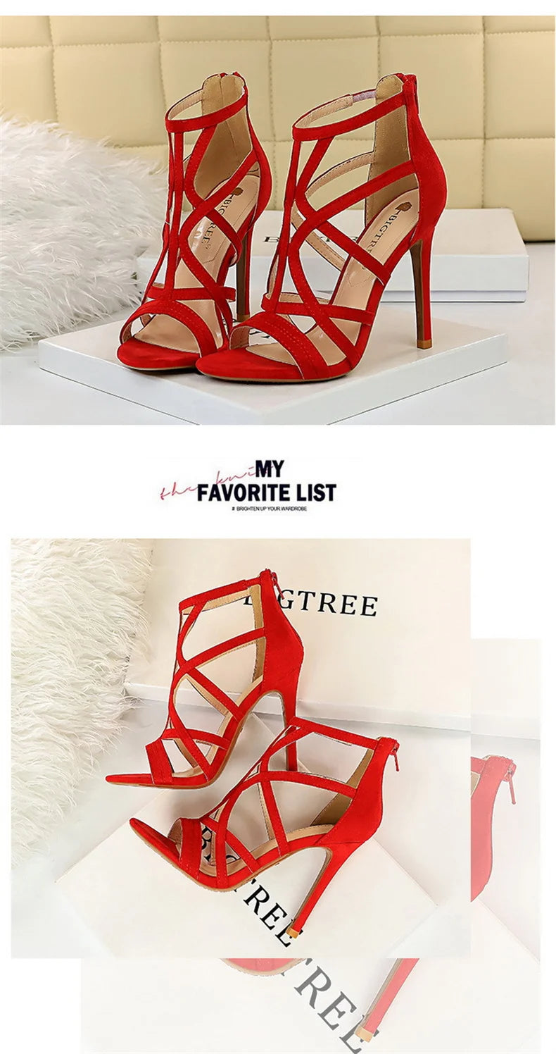 Women Roman style Thin High Heels Pumps Pointed Toe Suede Hollow Strap Party Shoes Solid Solid Ankle Zip Summer Sandals