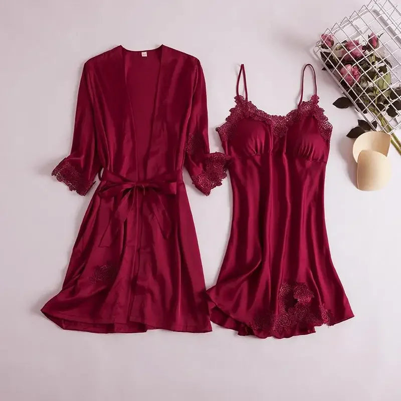 2PCS Pajamas Set White Women V-Neck Sleepwear M-XL Lace Kimono Sexy Nightshirts Flower Nightwear Robe Gown Sleep Suit Nightgown
