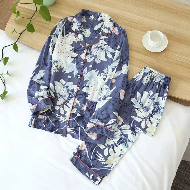 Spring and autumn ladies cute cartoon floral viscose fiber pajamas two-piece long-sleeved home service cotton summer thin shorts