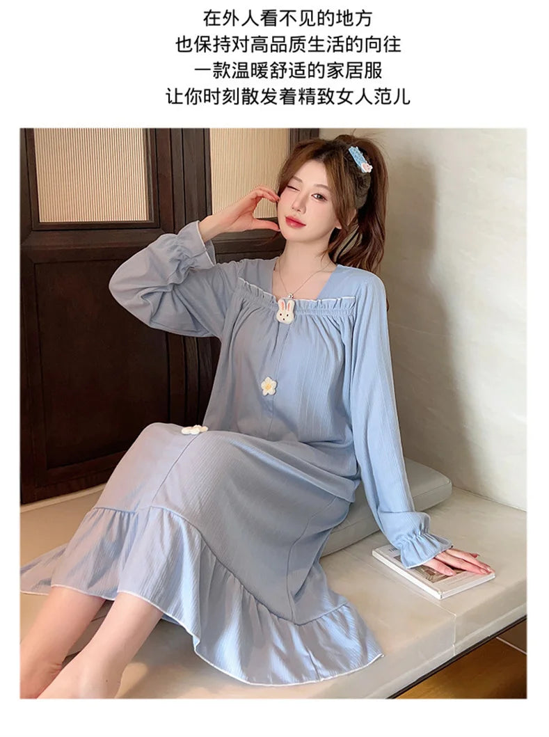 Autumn Winter New Women Cotton Nightdress With Chest Pad Long Dress Sweet Loose Long Sleeve Home Wear