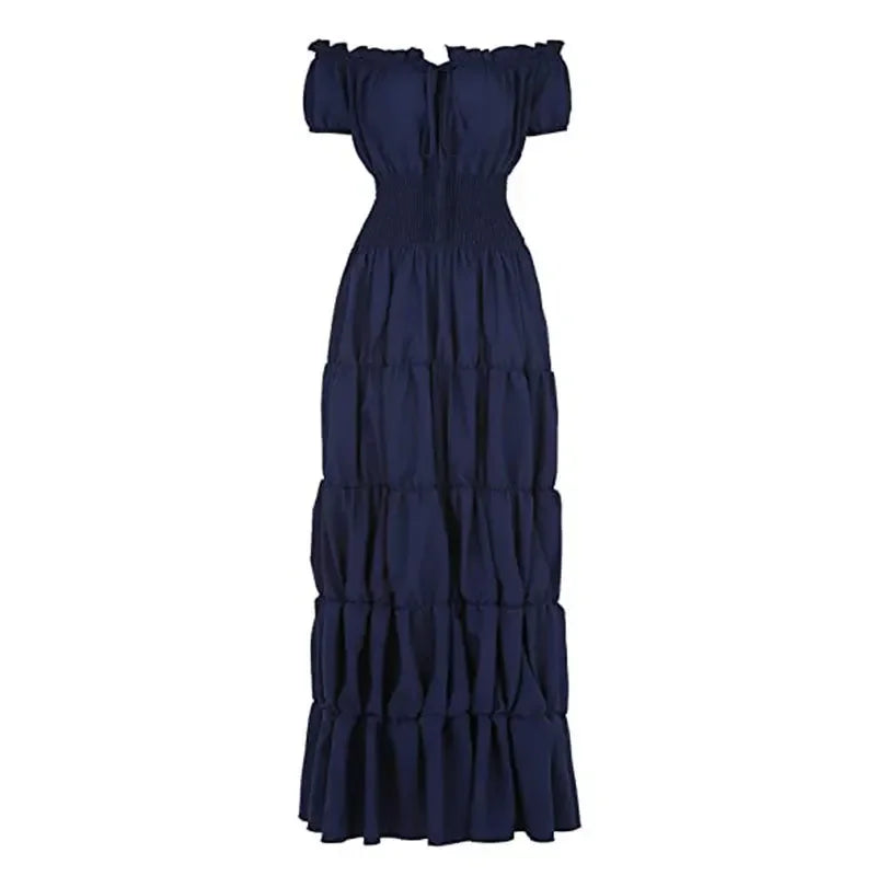Elegant Medieval Renaissance Dress Boho Short Sleeves Off Shoulder Smocked Waist Retro Pleated Long Dress Costume Gown