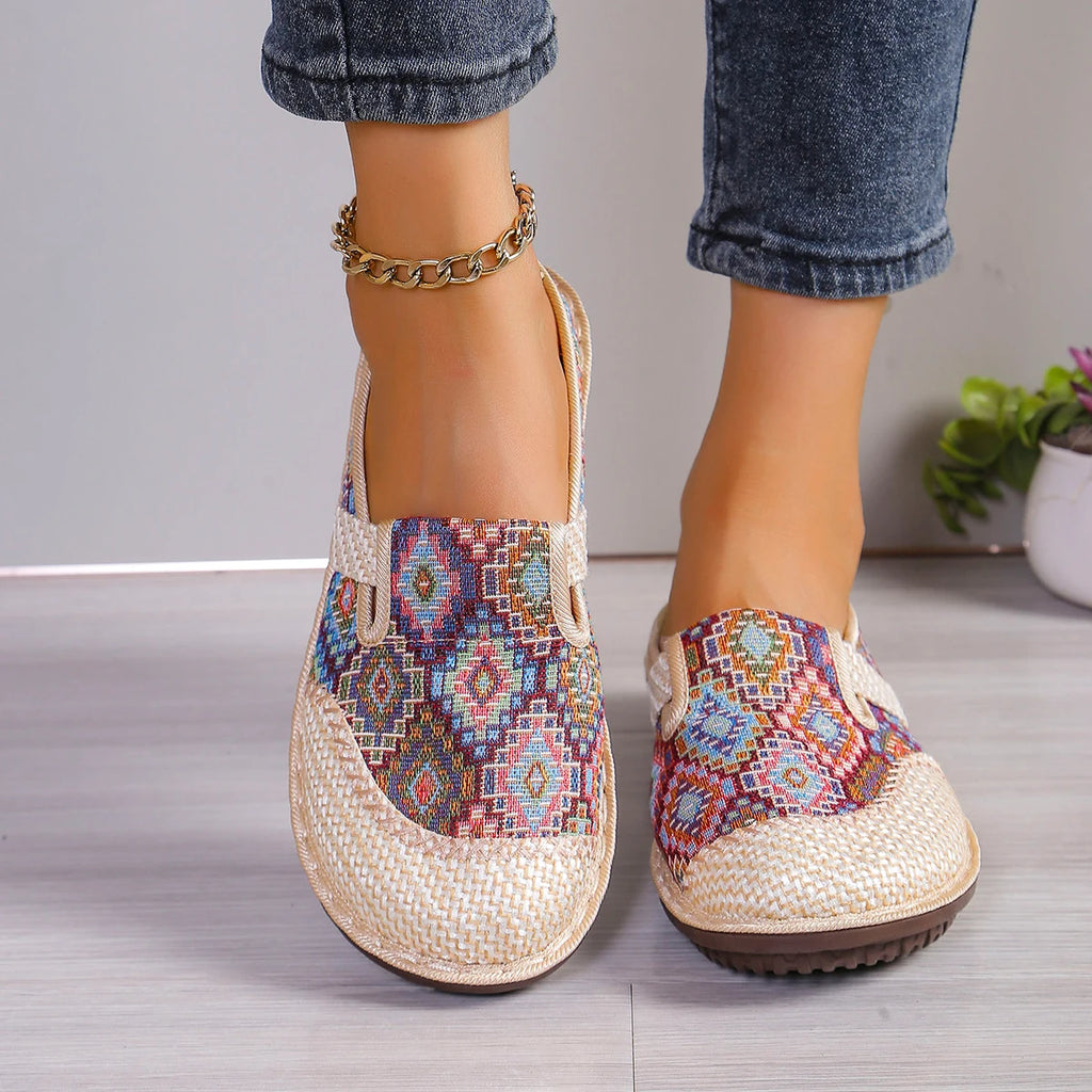 Lady Bohemian style open-toe Mule shoes, round-toe non-slip casual slippers