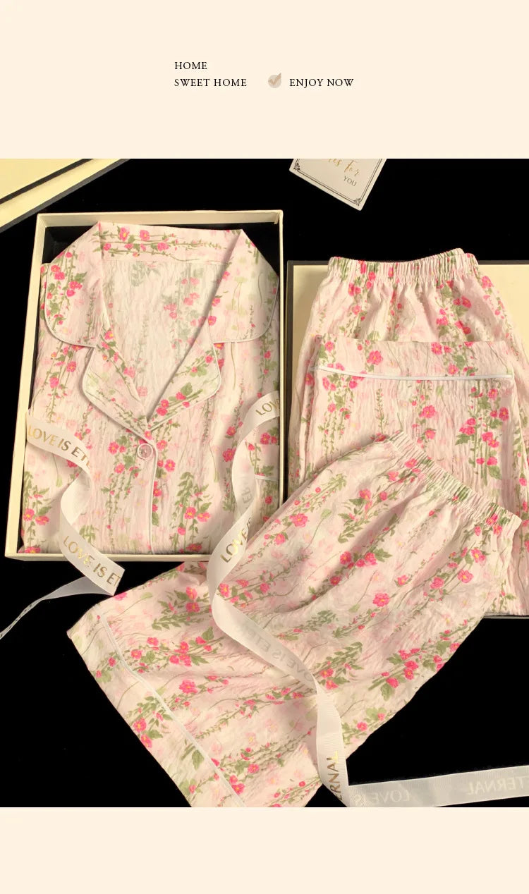 Spring/Summer Sweet & Cute Floral Cotton Pyjamas for Girls Three-Piece Homewear Set Student Casual Sleepwear Homewear Ensemble
