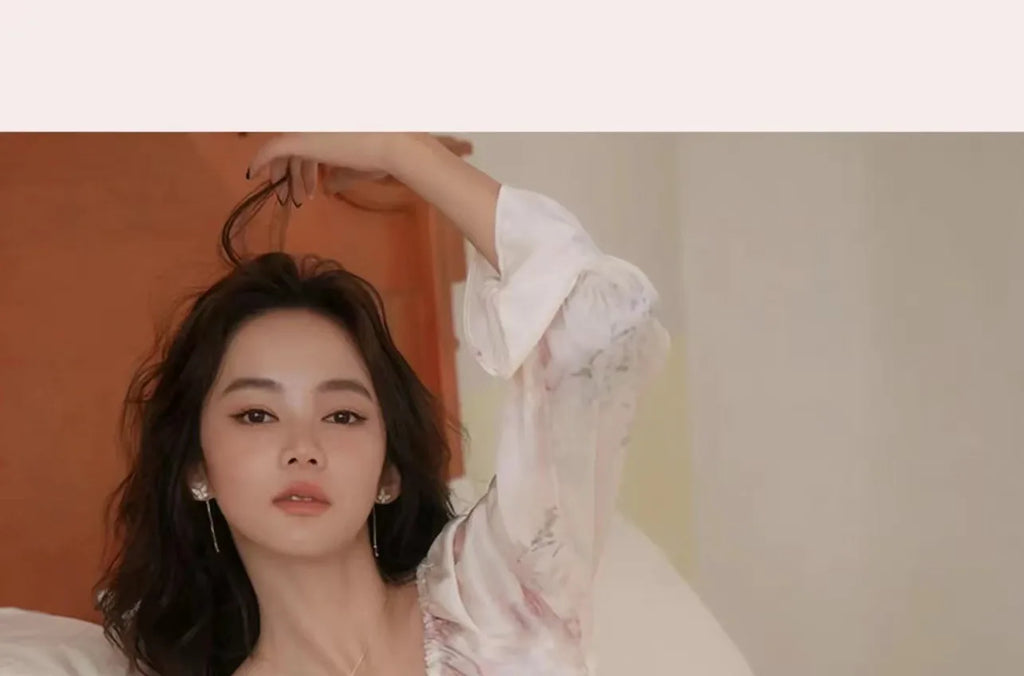 Floral Print Women Nightgown Summer Lace Patchwork Ice Silk Ladies Night Dress Long Sleeve Sexy Lace Up Nightdress for Female