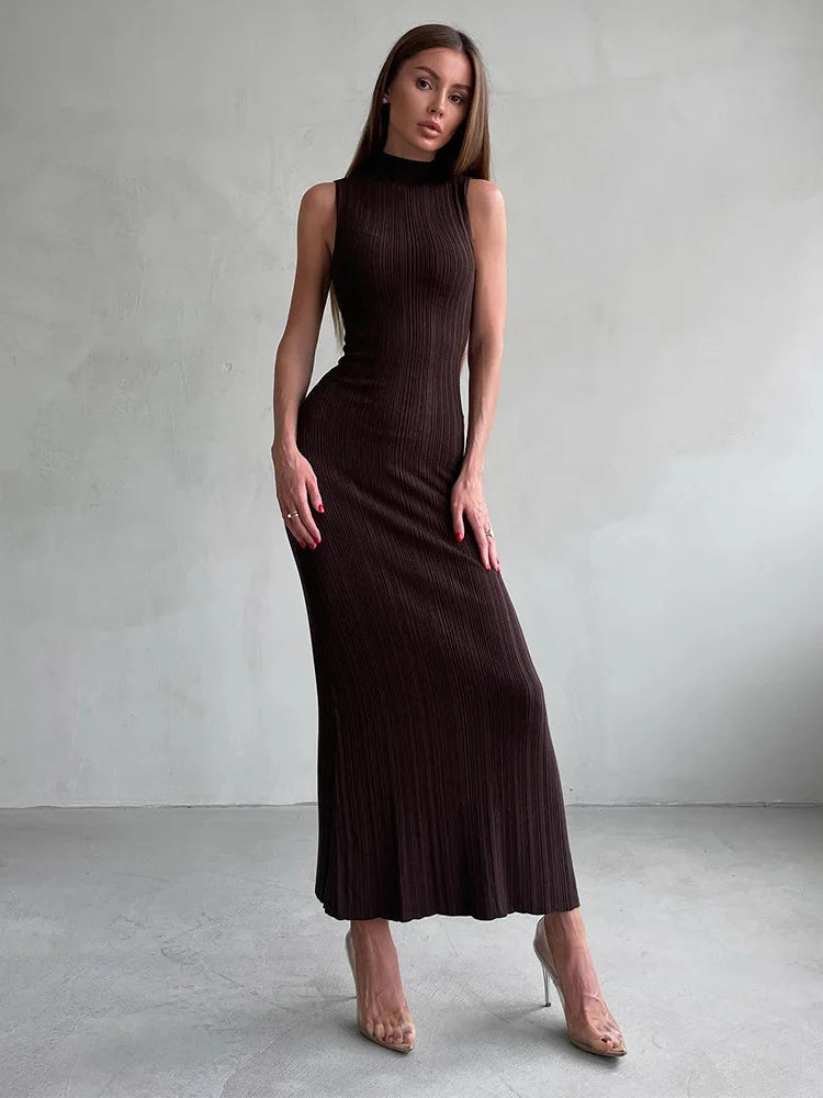 2025 Spring Sleeveless Knitwear Turtleneck Long Dress Female Slim Elegant Fashion Autumn Ribbed Knit Dress For Women Maxi Dress