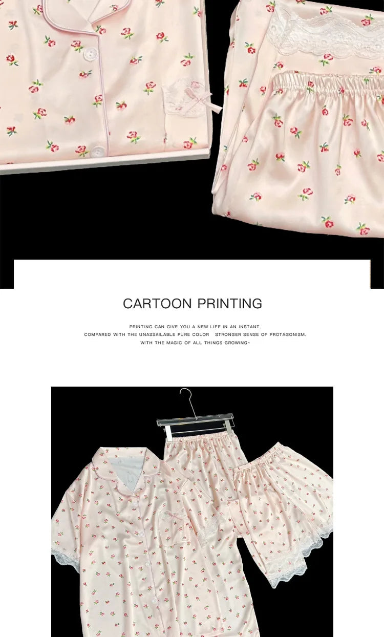 Sweet Floral Ins-Style Ice Silk Pure Desire Girl Pajamas Short-Sleeve Three-Piece Set Summer Satin Lace-Trimmed Loungewear