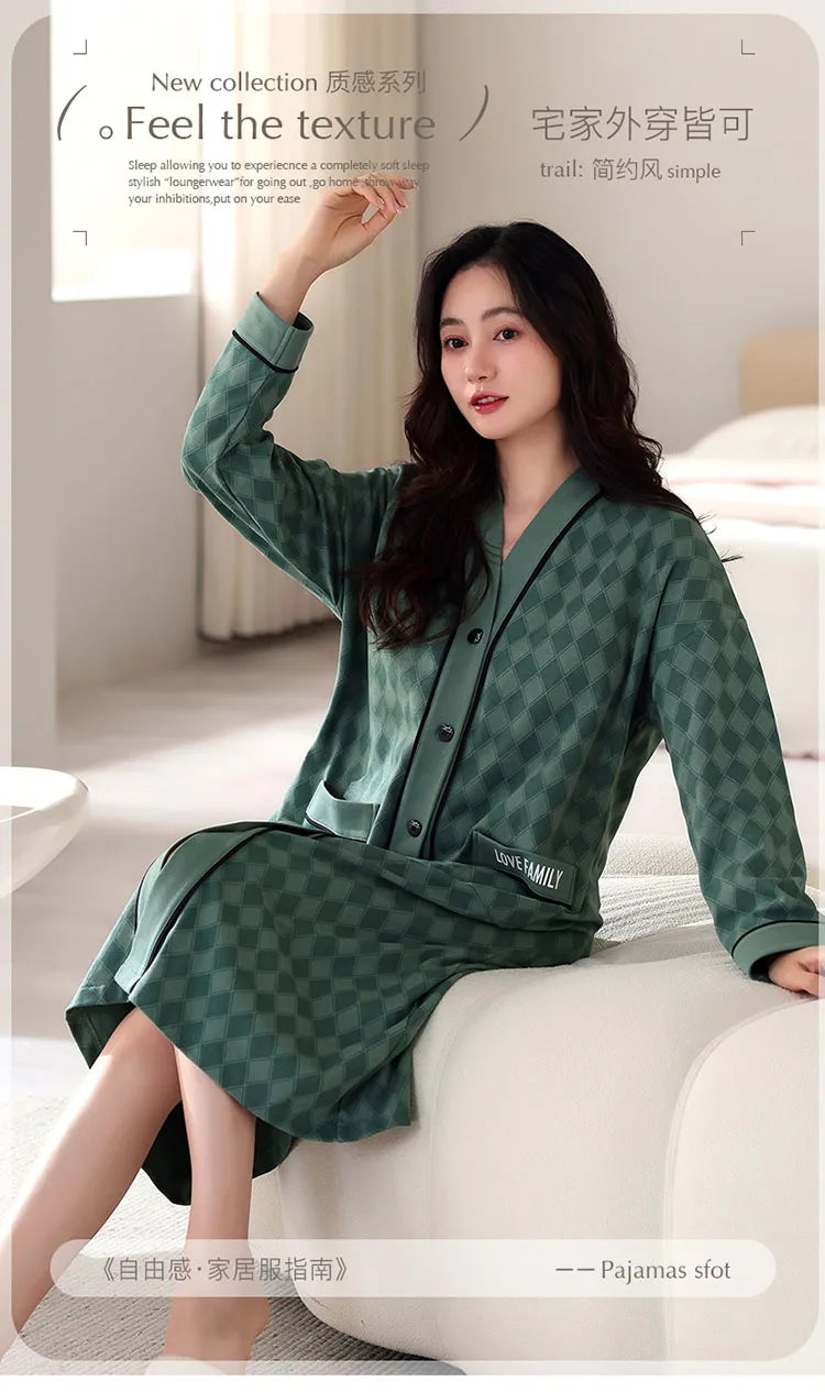 Big Size M-5XL Spring and Autumn Women Nightdress With Chest Pad Femme Knited Cotton Nightwear Floral Nightgown