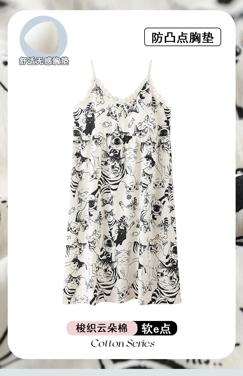 Summer Women Sleeveless Nightdress With Chest Pad Femme Knited Cotton Nightwear Floral Sling Sleepdress