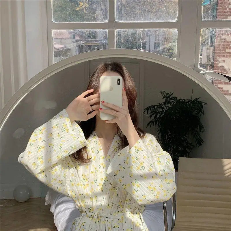 Korean Style Floral Pajamas Spring and Summer Sweet Bow Tie Pajama Girl Long Sleeved Trousers Student Dormitory Home Clothes Hot