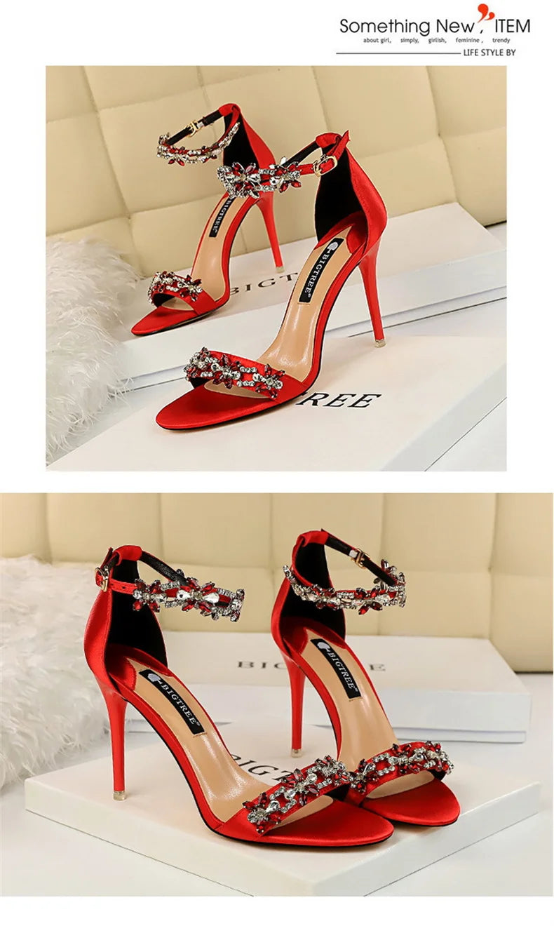 Open Toe Rhinestones Sandals Women 2024 New Designer Luxury High Heels Female Shoes Summer Heeled Satin One Word Belt 368-1
