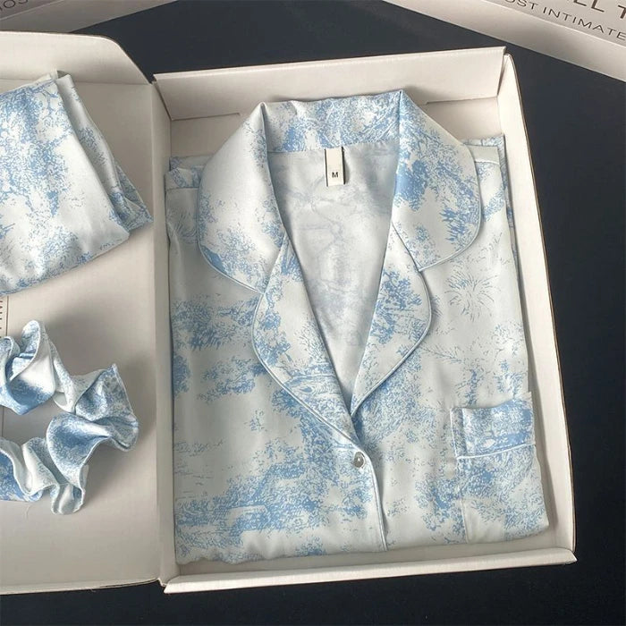 2024 New Ice Silk 2 Pieces Pajamas for Women Autumn Spring Women's Pajamas Set Elegant Ptinting Flower Home Wear Soft Sleepwear