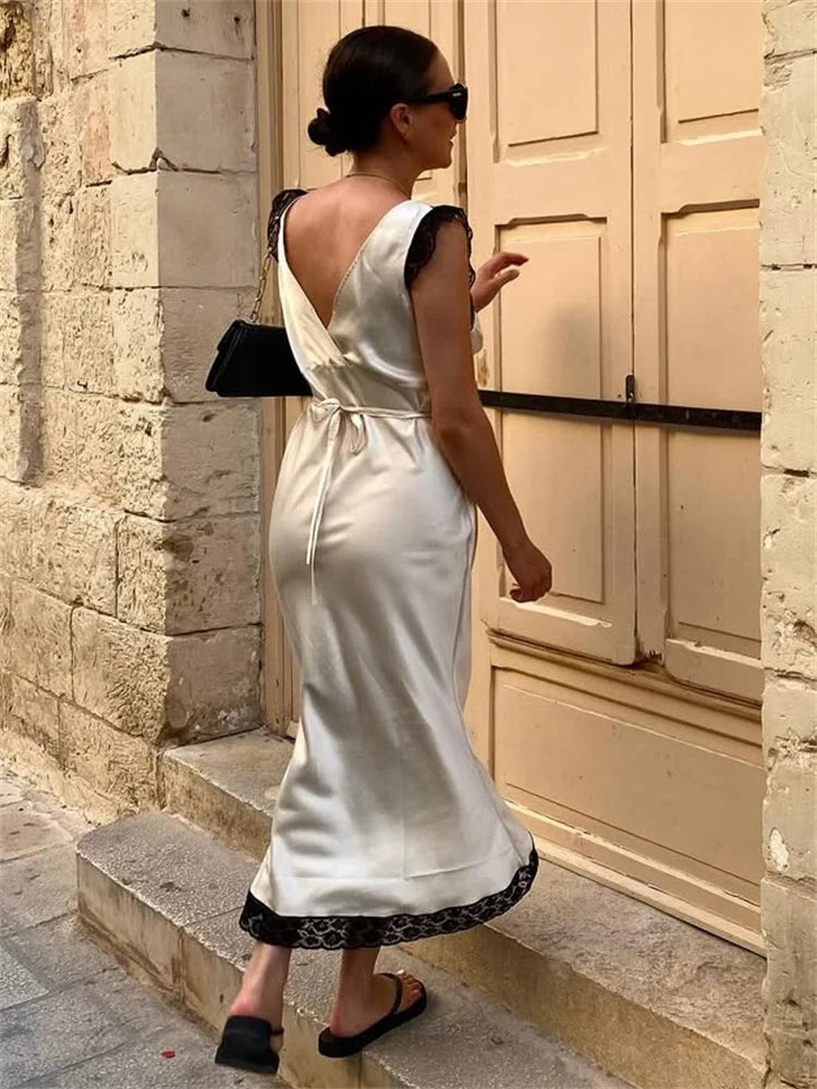 Tossy Fashion Satin Lace Long Dress Women V-Neck Patchwork Hollow Out Sleeveless Lace-Up Dress Evening Female Autumn Maxi Dress