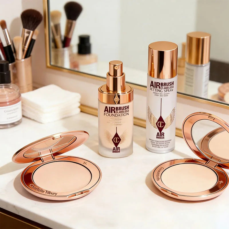 Charlotte Tilbury Lightweight Watery Texture Oil Control Concealer Small Gold Plate Powder Air Cushion Setting Spray Cosmetics