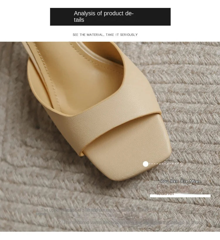 Genuine Leather French Slim Heel Slippers for Women's Summer New Fashionable Sandals Women Sweet Round Toe Slipper Ladies Shoes