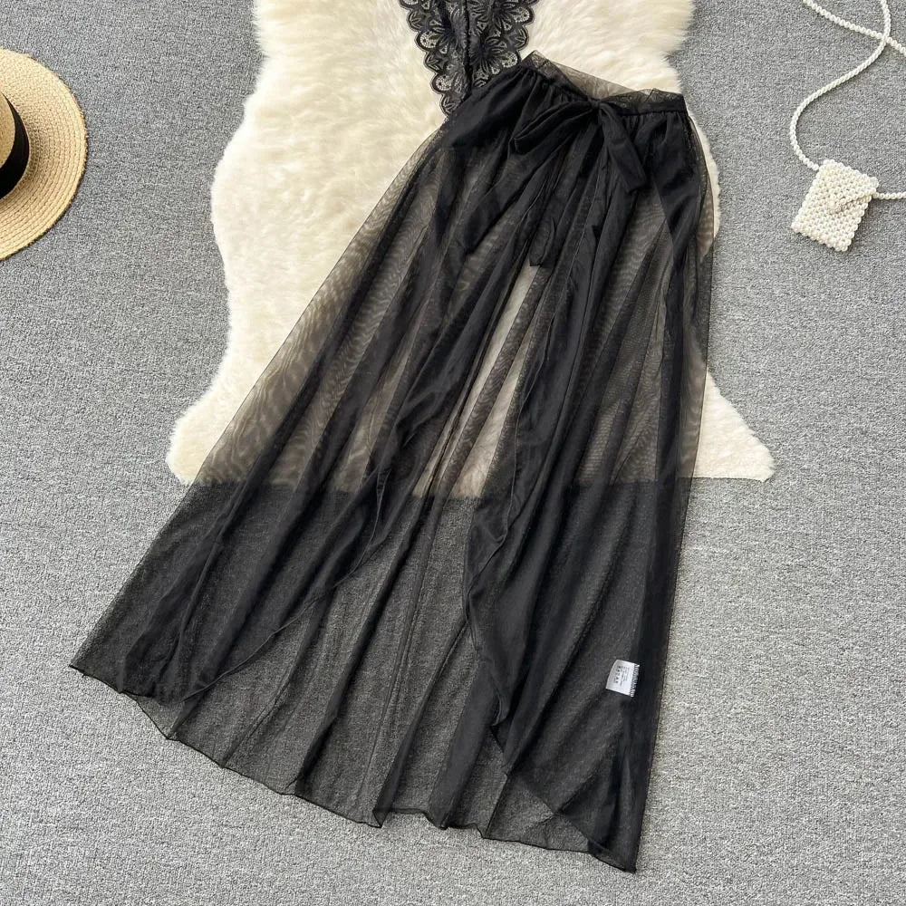 new Women's Multicolour Transpar Sexy Charming Flowing Mesh Long Skirt With Girls V-neck Lace Hollowed out Flower Top Two Pieces