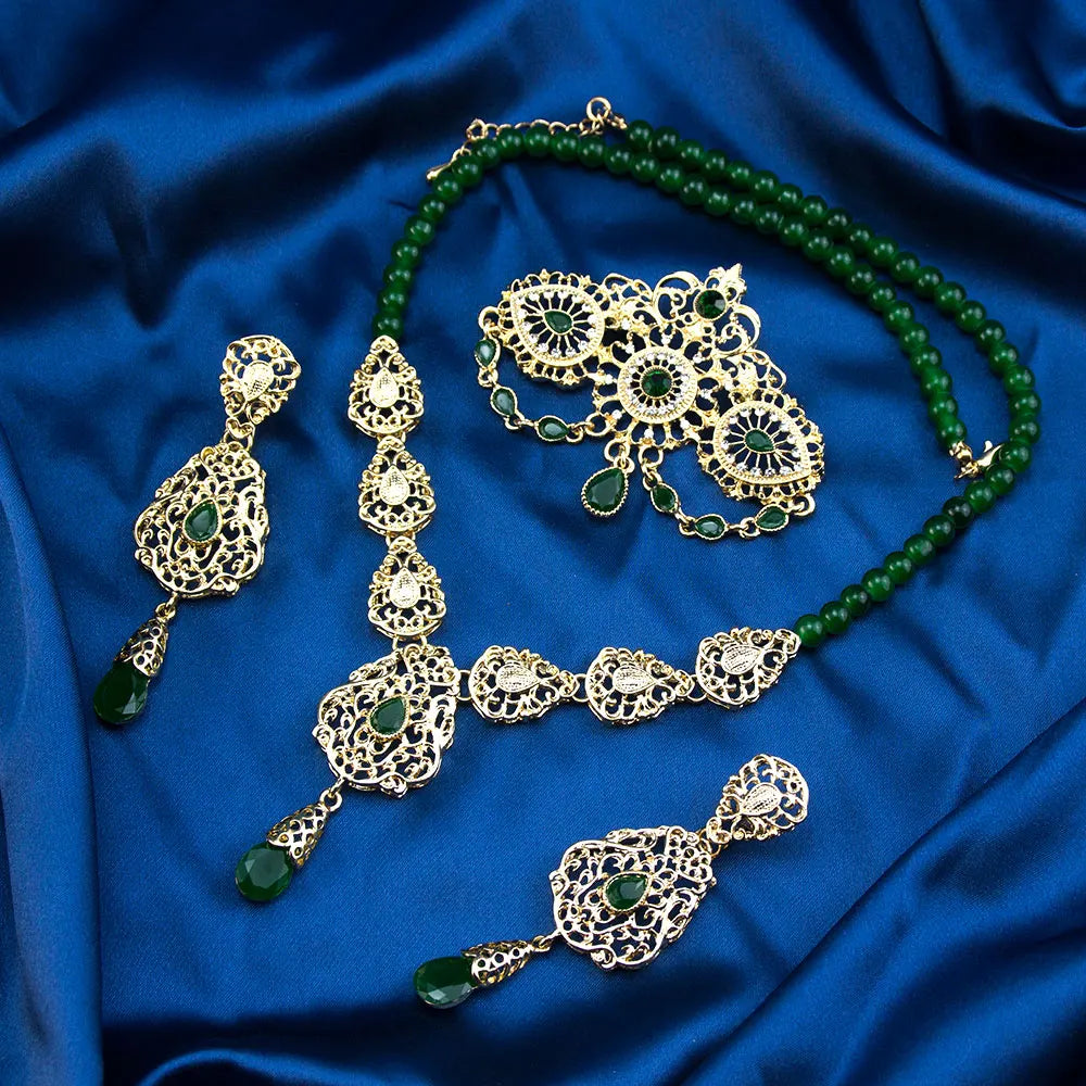 Sunspicems Gold Color Arabic Morocco Bridal Wedding Jewelry Sets Beads Necklace Waterdrop Pendant Long Earring Filigree Brooch