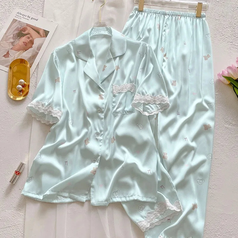 Bear Print Pajamas Women Cool Ice Silk Short Sleeve Pants Loungewear Cardigan Lace Fall and Winter Two-Piece Set Plus Size