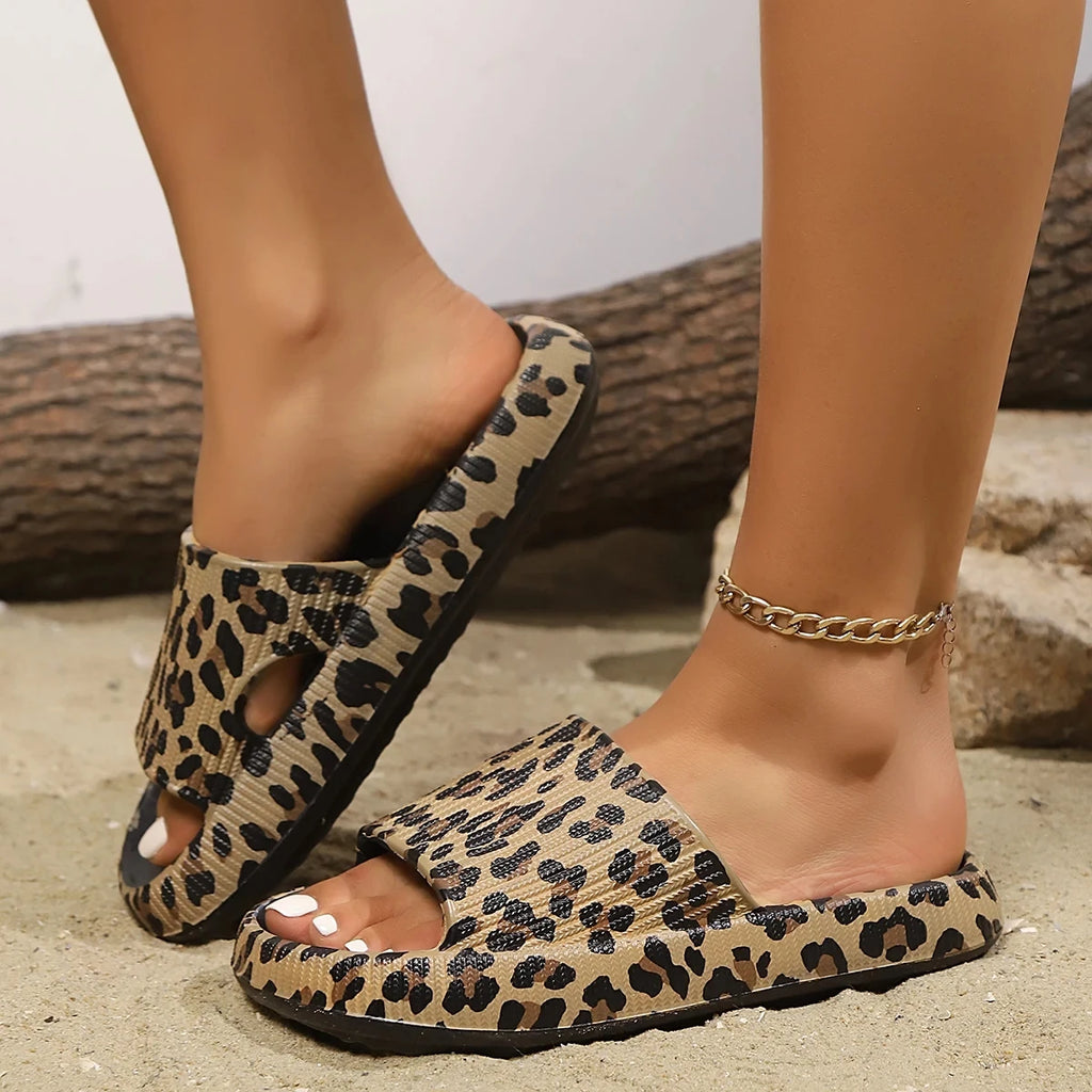 Women's Retro Leopard Print EVA Slides - Slip-On Open-Toe Beach Sandals with Soft Cushioned Sole, Quick-Dry Lightweight Design f