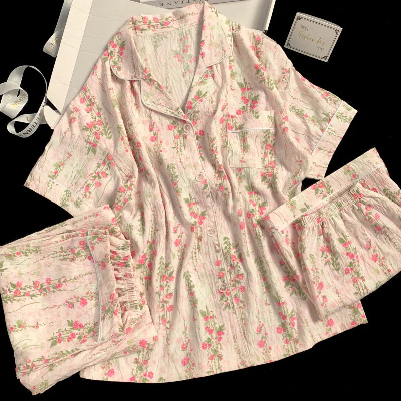 Spring/Summer Sweet & Cute Floral Cotton Pyjamas for Girls Three-Piece Homewear Set Student Casual Sleepwear Homewear Ensemble