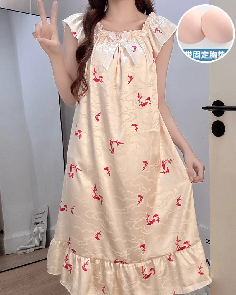 Ice Silk Satin Pajamas Women's Korean Summer Nightgown with Chest Pads Sweet Lace Ruffle Sleeved Long Dress Floral Loungewear