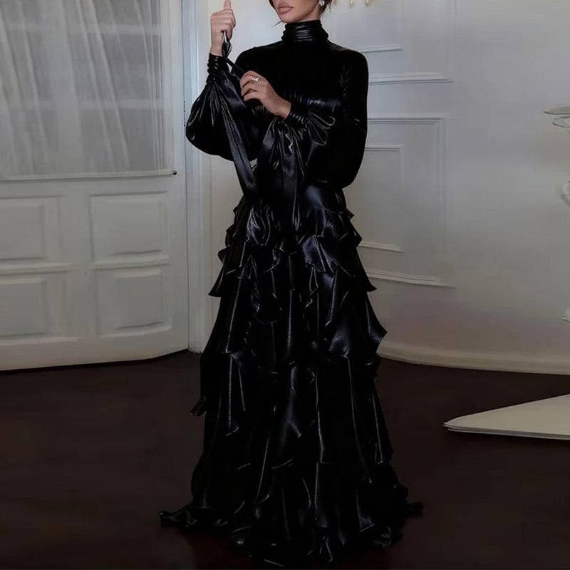 Fashion High Waist Pleat Party Dress Lady Casual High Collar Layered Banquet Dress Elegant Long Sleeve Solid Color Evening Dress