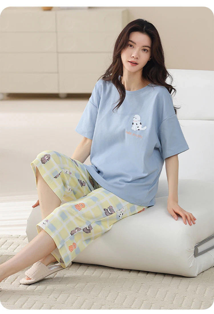 MiiOW 2Pcs Summer Women's Pajamas Set Cotton Short Sleeve Woman Homewear Cute Pink Patchwork Print Girls Pajamas Woman Sleepwear